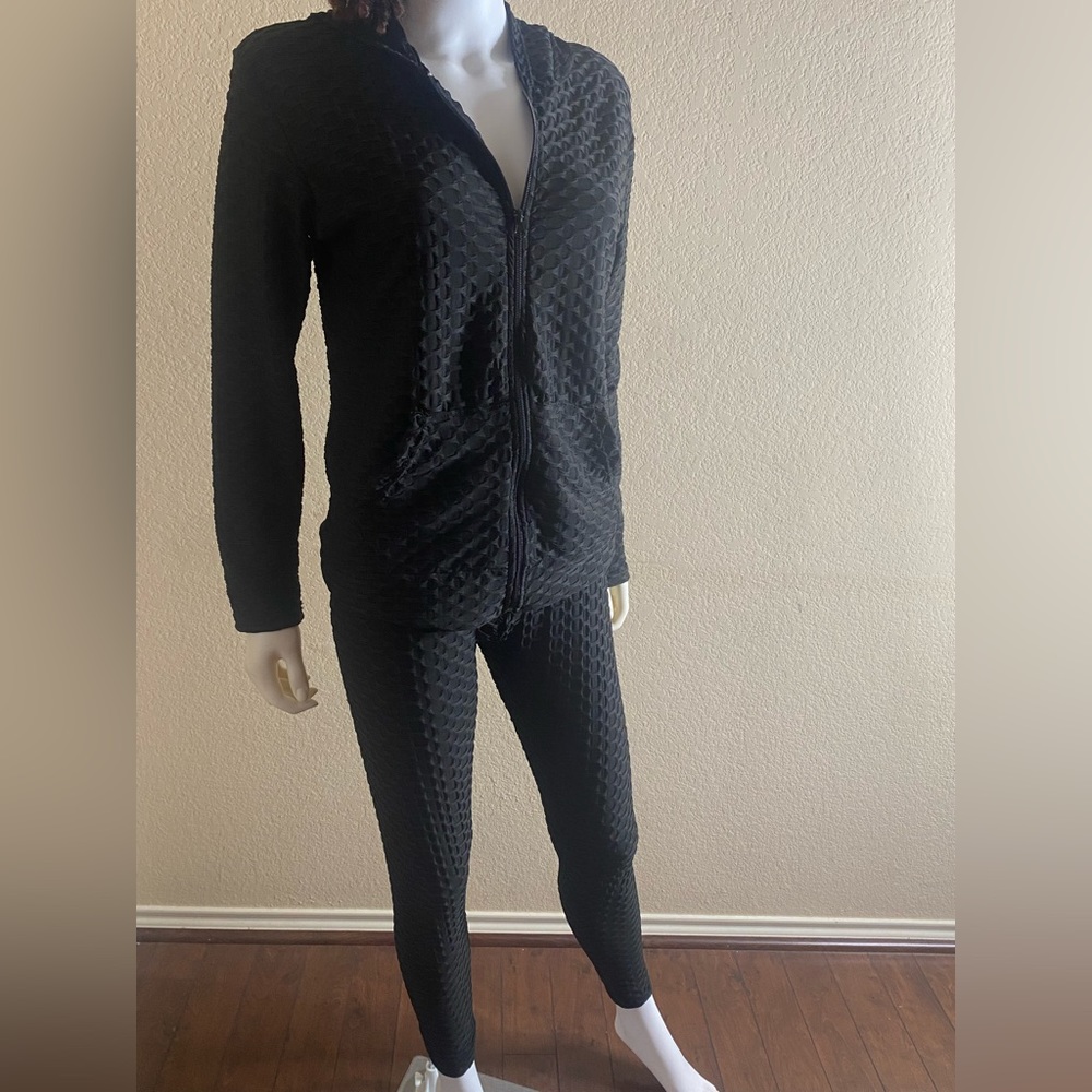 Black Honeycomb Activewear 2 Piece Hooded Track Jacket Leggings Set